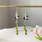 Bamboo and Panda Earrings, Japanese Fan Earrings, Bamboo Fan Earring, Unique Oriental Earrings
